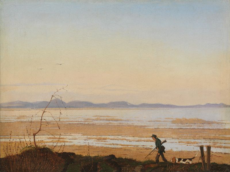 An Evening beside Lake Arresø de Johan Thomas Lundbye, óleo sobre tela que retrata um lago tranquilo ao entardecer.