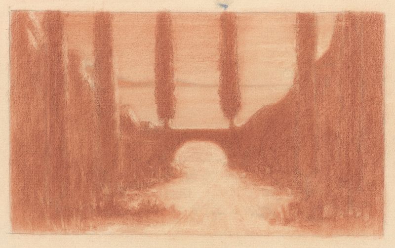 Paisagem com Ponte e Ciprestes de Herbert Crowley, óleo sobre tela, apresentando ciprestes e águas serenas.