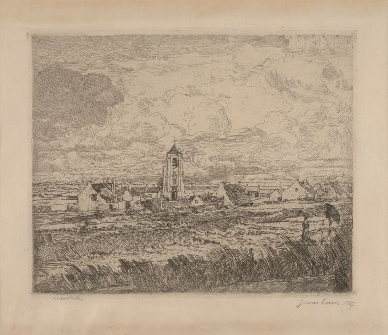 Groot gezicht op Mariakerke de James Ensor, óleo sobre tela retratando uma vibrante paisagem de vila.