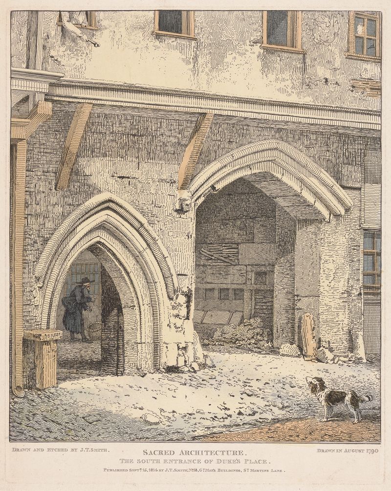 The South Entrance of Duke’s Place by John Thomas Smith, depicting architecture in a bustling London scene.