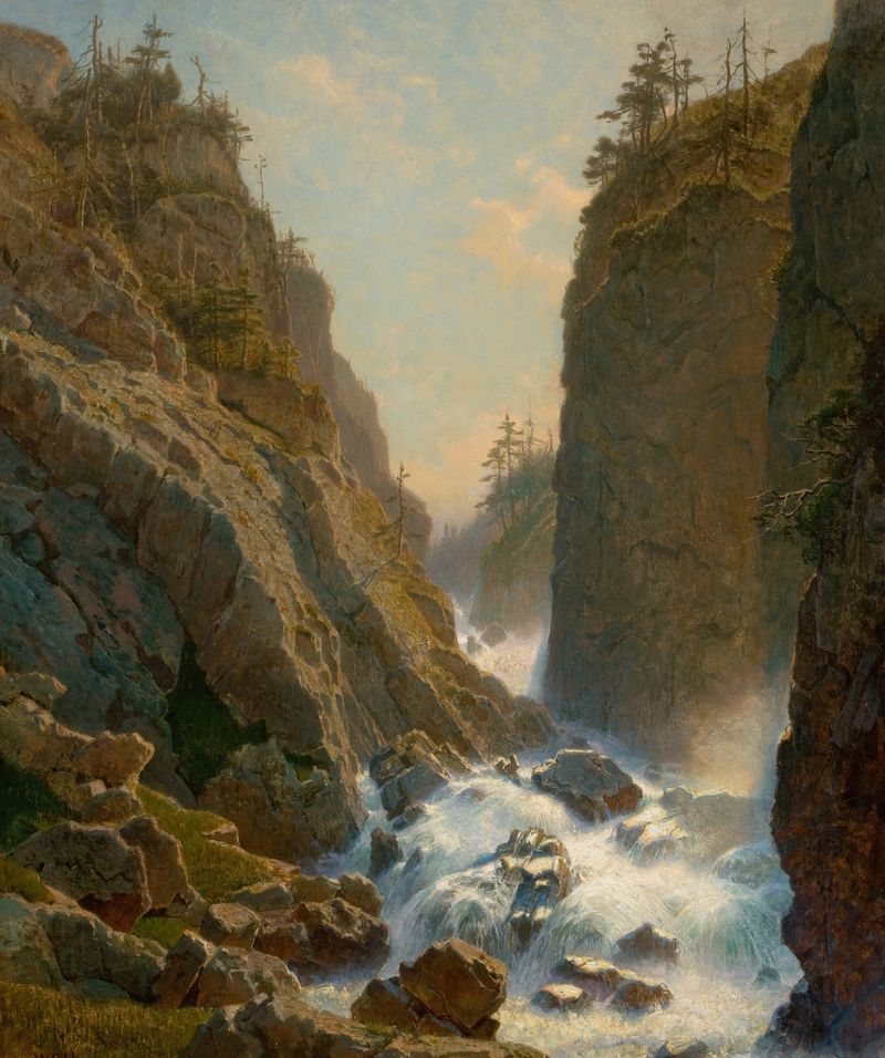 Montanha com Cascata de William Stanley Haseltine, pintura a óleo que representa uma paisagem serena.