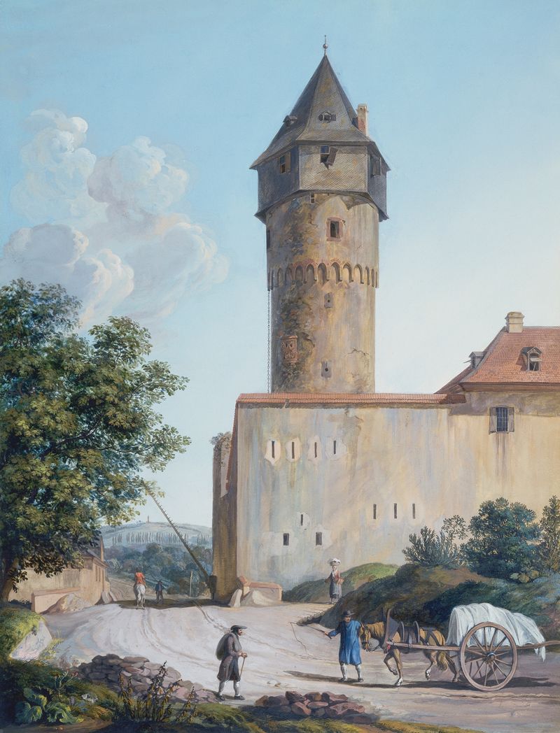 Oil on canvas by Anton Radl depicting a watchtower in a serene landscape