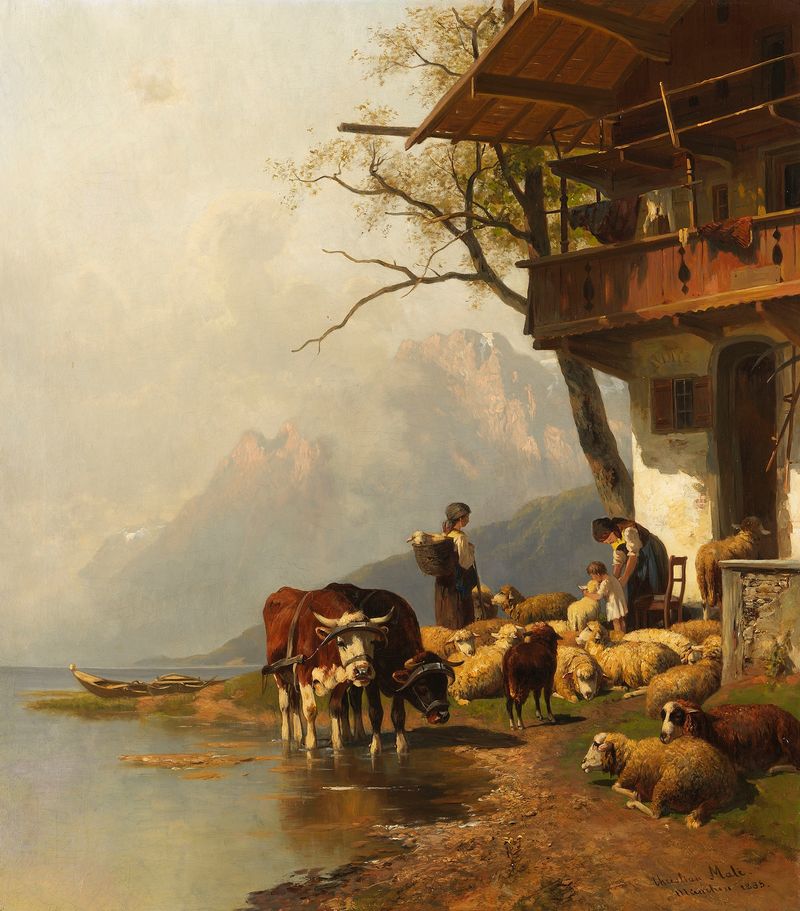 Ruhende Schafsherde vor dem Haus am Bergssee de Christian Friedrich Mali, pintura a óleo que mostra ovelhas e uma casa.