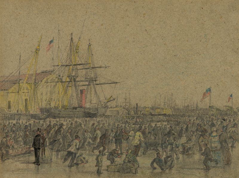 Scene on the Delaware River during winter of 1856 by James Fuller Queen, depicting a frozen landscape.
