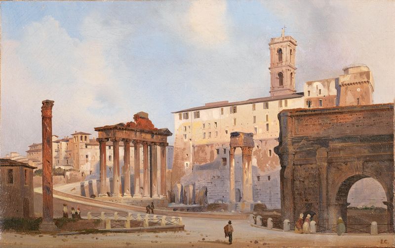 El Foro Romano de Ippolito Caffi, óleo que representa ruinas antiguas con luz y sombra dramáticas