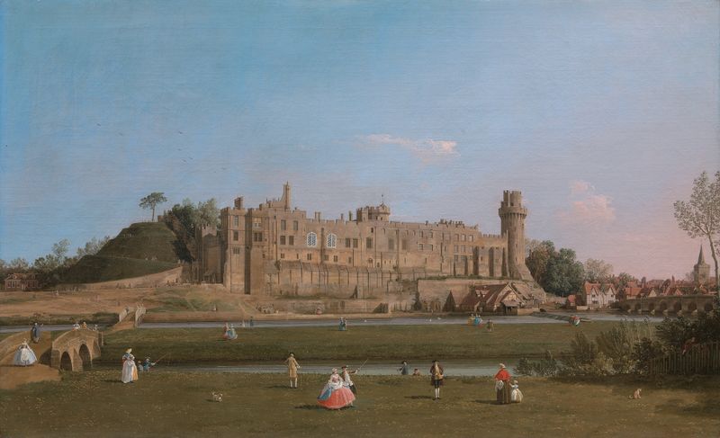 Warwick Castle de Canaletto, pintura al óleo rococó que representa un atardecer sobre una gran arquitectura.