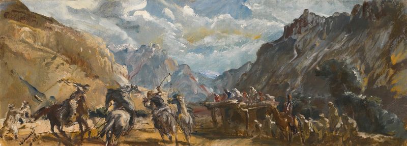 Polo Game At Misgar, oil on canvas by Alexandre Jacovleff showing a lively polo match with players and horses.