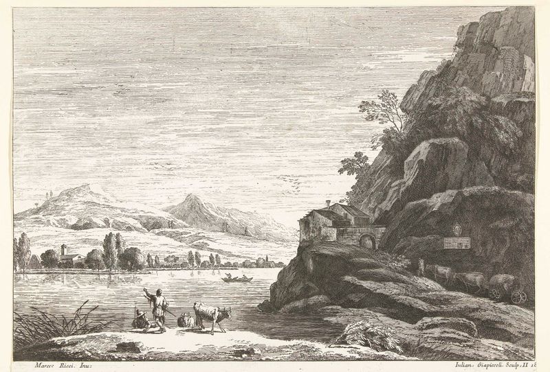 Rivierlandschap met huis tegen rots by Giuliano Giampiccoli, etching depicting a river, house, and rocks