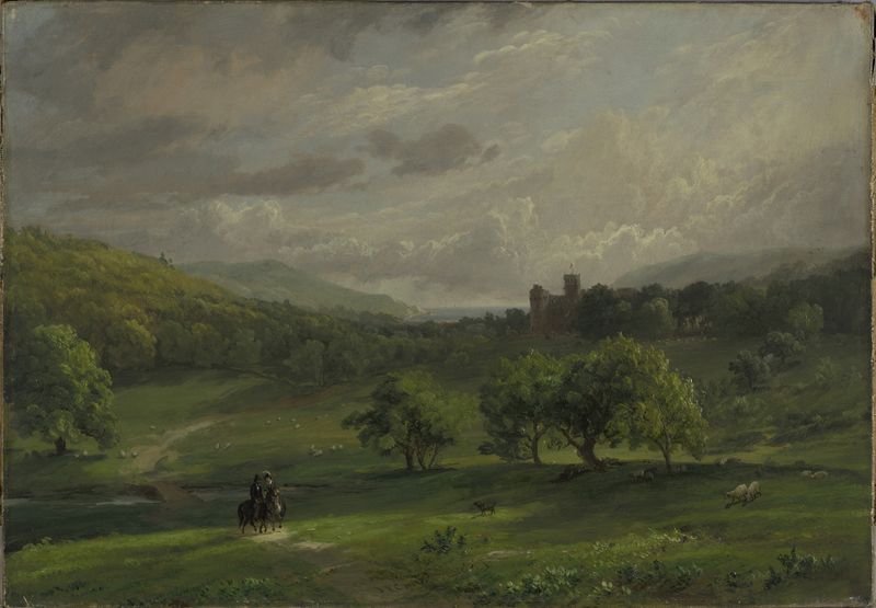 Lulworth Castle de Jasper Francis Cropsey, pintura al óleo que representa un paisaje tranquilo al amanecer.