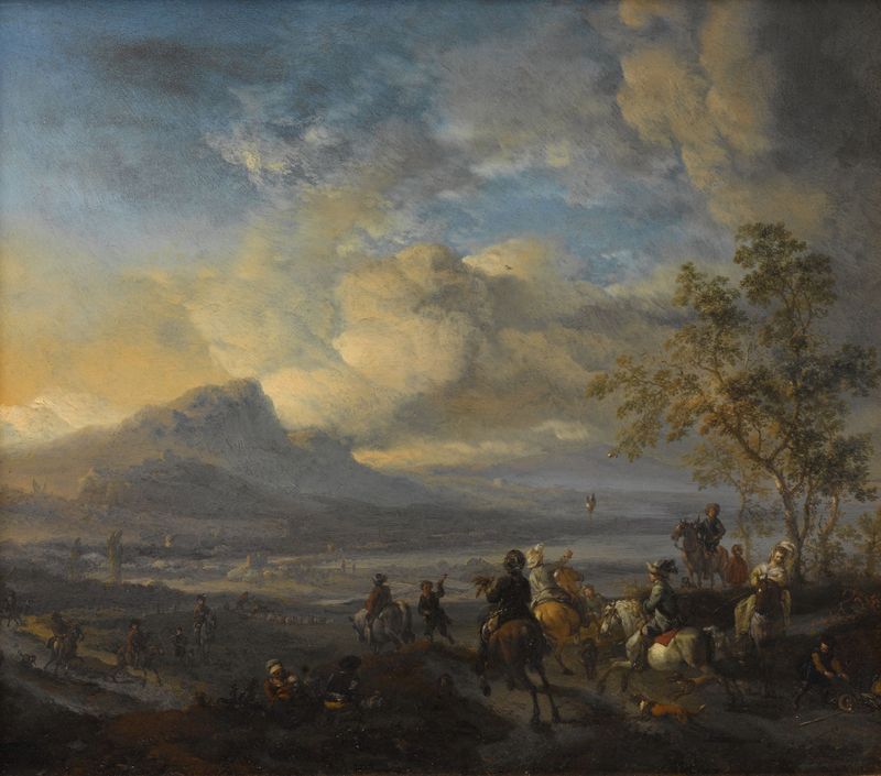 Falconry scene with a nobleman and landscape, oil painting by Philips Wouwerman
