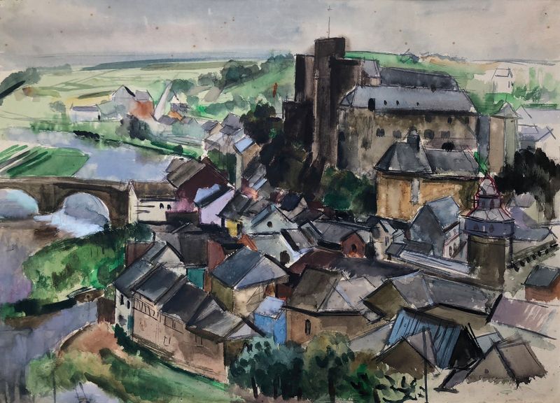 Esch an der Sauer, Gesamtansicht de Otto Geigenberger, óleo sobre tela retratando uma vibrante paisagem de rio