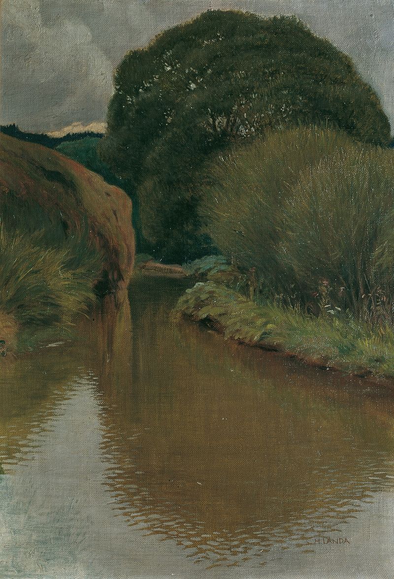 Landscape depicting a serene riverbank with gentle light, by Hubert Landa, Impressionism