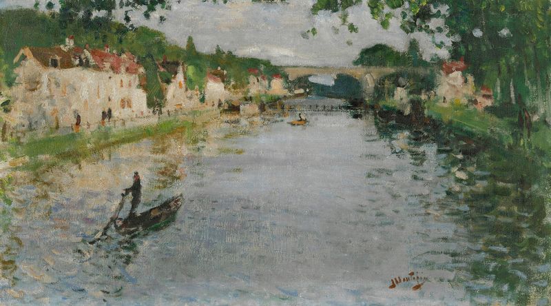 Cena marinha com um barco na água, pintura a óleo de Pierre-Eugène Montézin