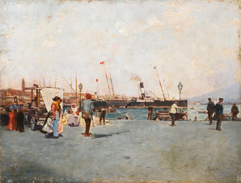 Pintura figurativa al óleo de Raffaele Ragione que muestra figuras en el muelle de Nápoles