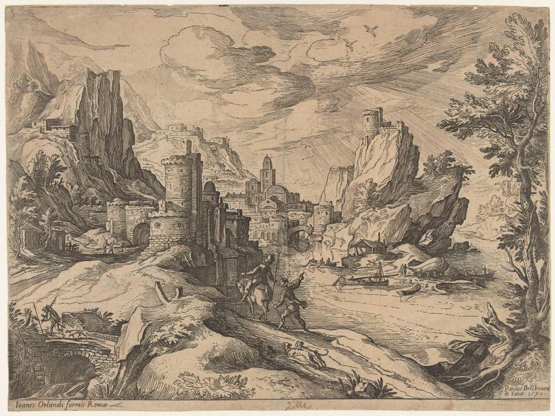 Grabado de Paul Bril que muestra acantilados, una ciudad y viajeros en un paisaje.