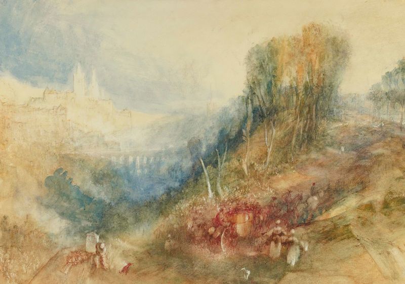 Lausana desde el oeste de Joseph Mallord William Turner, pintura al óleo que representa el atardecer sobre colinas y una c...