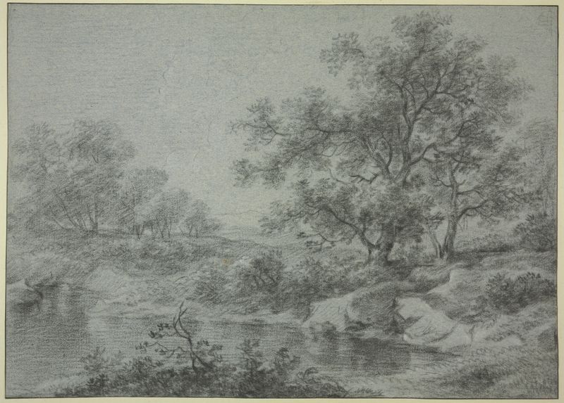 Oil painting by Antonie Waterloo depicting trees and water with intricate light play.