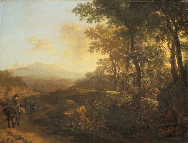 Italian Landscape with Mule Driver, óleo sobre tela de Jan Both, retratando um condutor de mula em um caminho ensolarado.