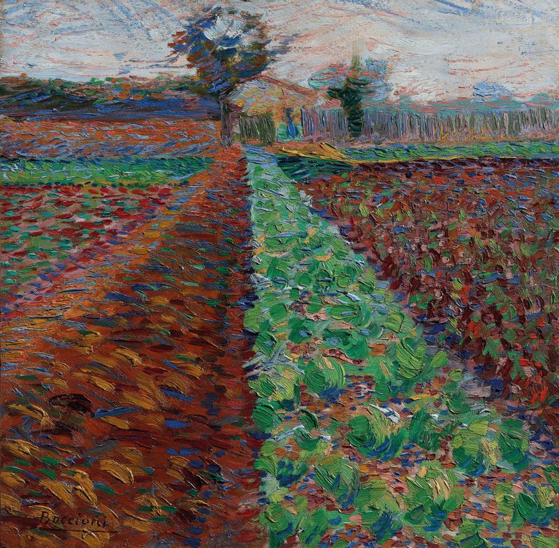 Campo con alberi de Umberto Boccioni, óleo sobre lienzo que muestra árboles en movimiento dinámico