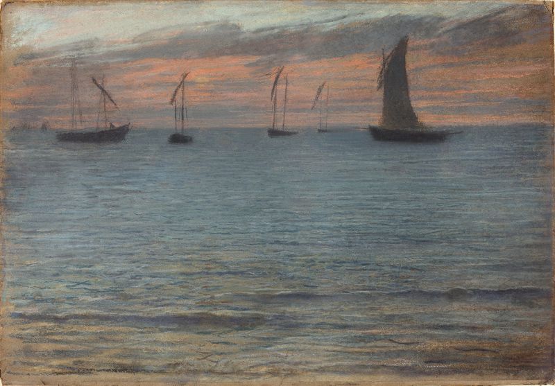 Pintura al óleo de Ernest-Ange Duez que representa un paisaje marino al atardecer con colores vibrantes y olas.