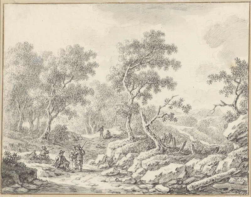 Cena de gênero com figuras em uma paisagem florestal, pintura a óleo de Johann Christoph Dietzsch.