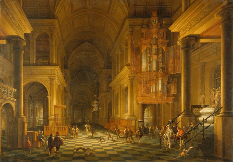Interior of a church with arches and stained glass by Anthonie de Lorme, oil painting