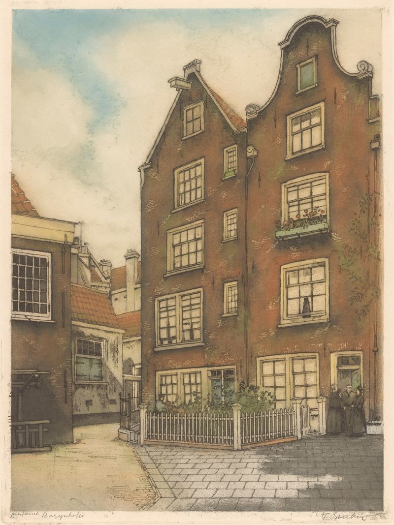 Paisaje de Bagijnhofje de Frans Everbag, que muestra luz y sombras en adoquines.