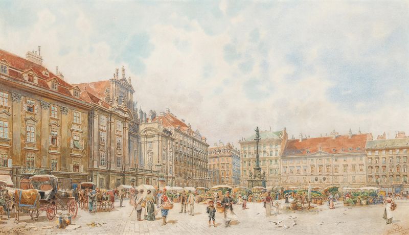 Genre scene depicting market stalls and crowd by Erwin Pendl, oil painting