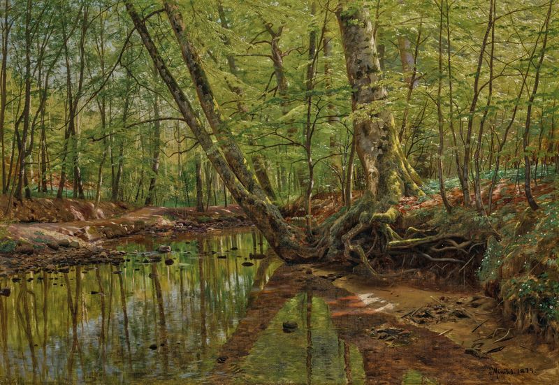 Paisaje forestal con río, óleo sobre lienzo de Peder Mørk Mønsted