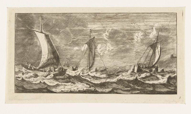 Grabado paisajístico de Unknown Artist que muestra embarcaciones en el agua, estilo del Siglo de Oro Holandés