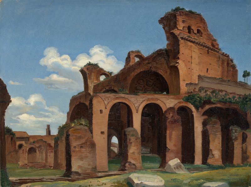 The Basilica of Constantine, Rome by Michael Neher, oil painting showing sunlight through arches.