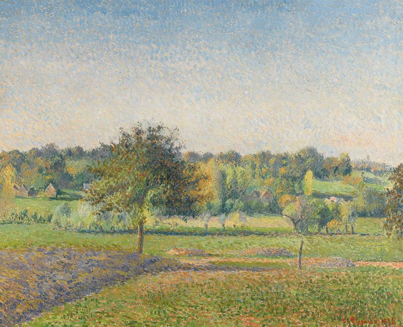Prairie À Éragny de Camille Pissarro, óleo sobre lienzo, representando un paisaje con árboles y luz moteada.