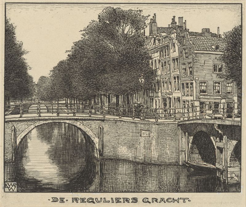 De Reguliers Gracht te Amsterdam de Willem Wenckebach, óleo sobre lienzo que muestra una tranquila escena de canal.