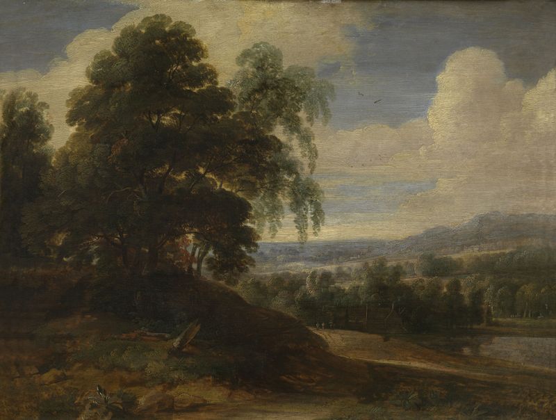 Paisaje de Jacques d'Arthois, Edad de Oro Holandesa, que muestra vegetación exuberante y un cielo cerúleo.
