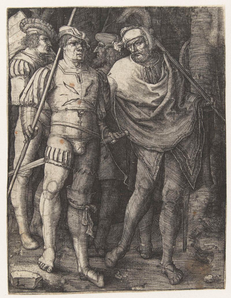 Grabado de Lucas van Leyden que muestra cuatro soldados en un bosque.
