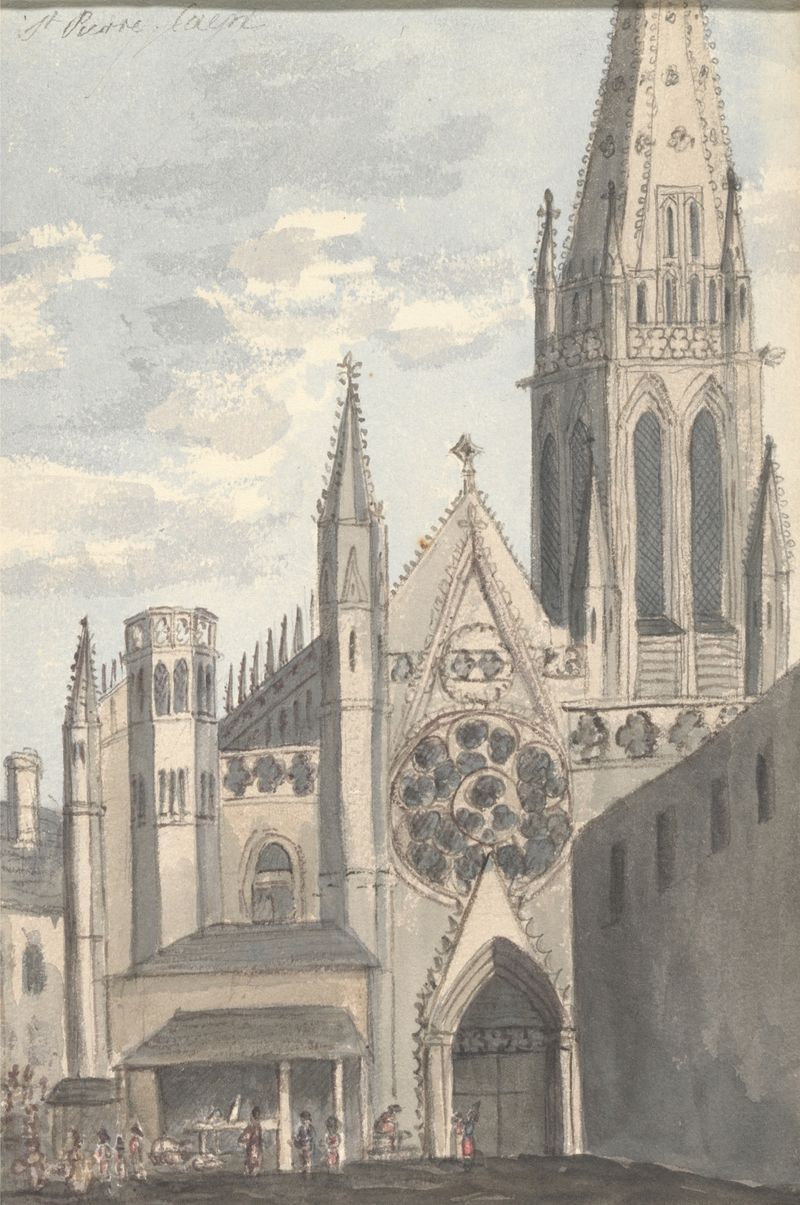 Saint-Pierre, Caen de Anne Rushout, figura solitária sob arcos de igreja, pintura a óleo