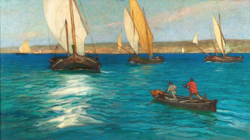 Seascape by Pietro Fragiacomo, oil painting depicting gentle waves and a tranquil coastline.