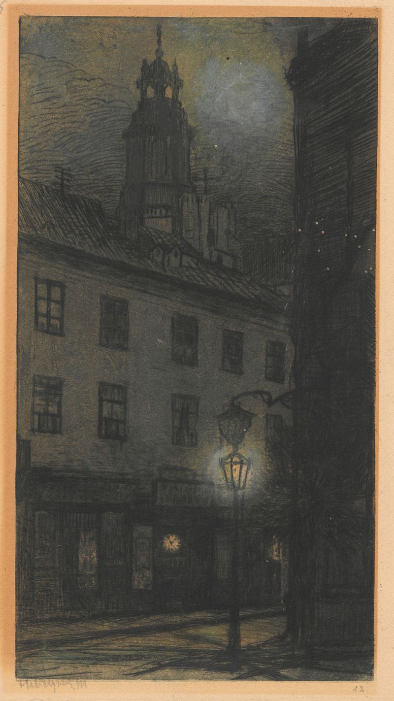 Escena de género de la calle Świętojańska de noche, óleo de Feliks Jabłczyński
