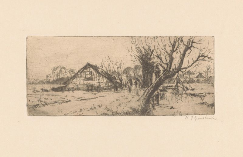 Pintura a óleo de paisagem de Willem Adrianus Grondhout com uma fazenda e campos verdes