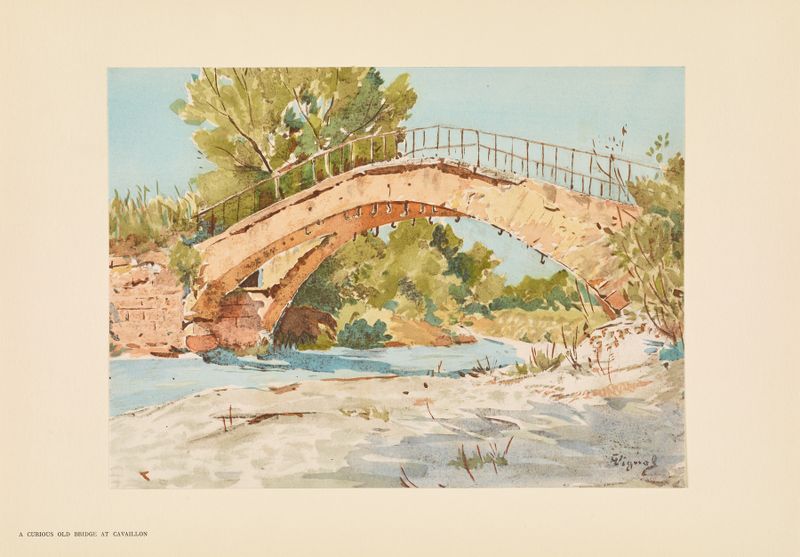 Un curioso viejo puente en Cavaillon, óleo sobre lienzo de Pierre Vignal, rodeado de naturaleza y luz.