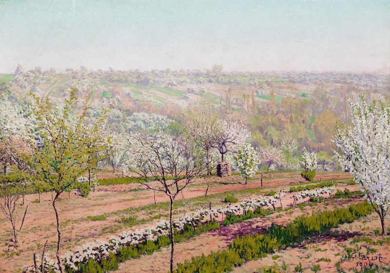 Paisaje con árboles frutales en flor, óleo sobre lienzo de Gustave Cariot