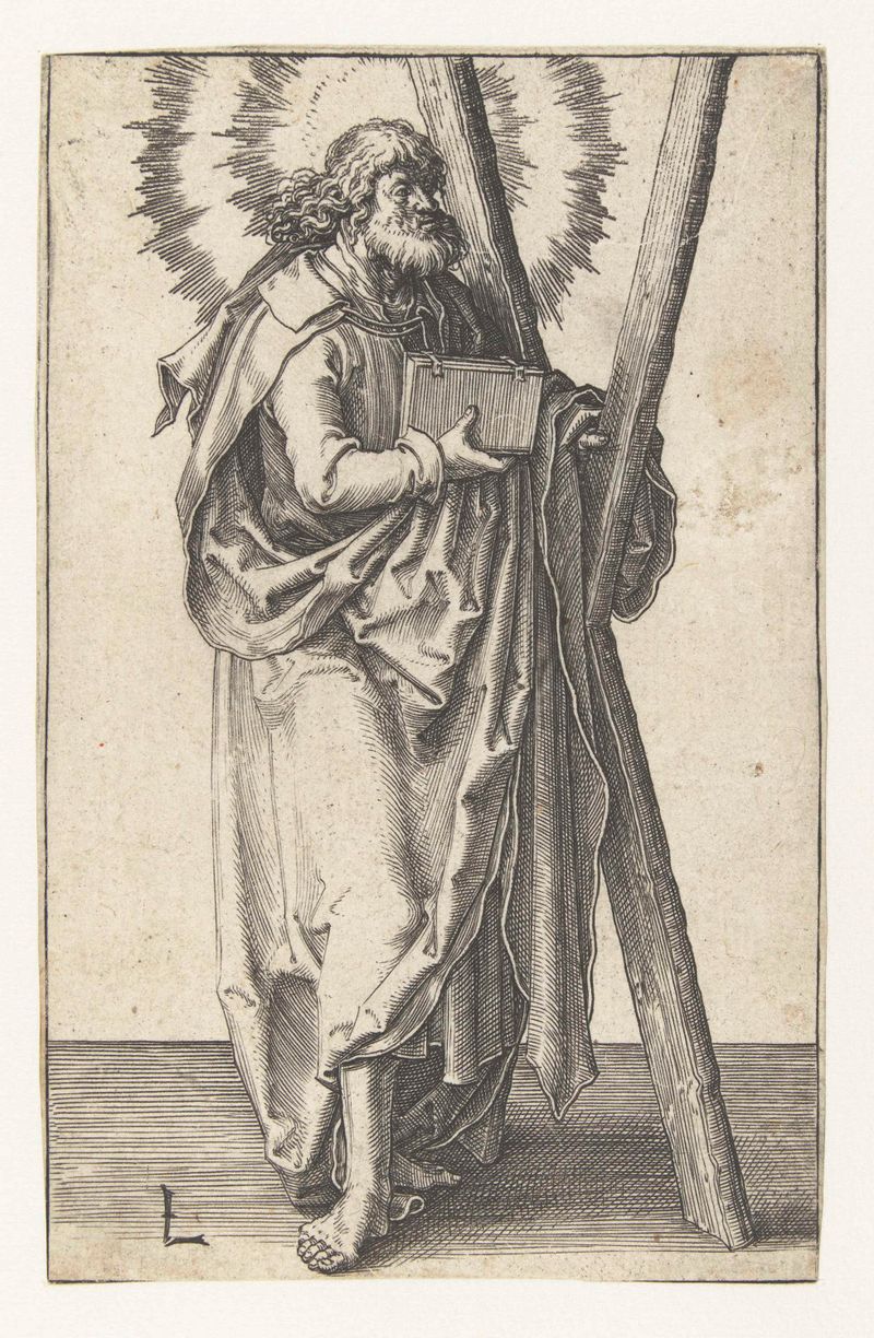 Grabado del apóstol Andrés de Lucas van Leyden, con expresión serena y suave luz.