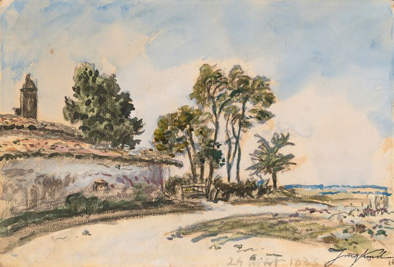 Paisaje de un pueblo encontrándose con el cielo, pintura al óleo de Johan Barthold Jongkind