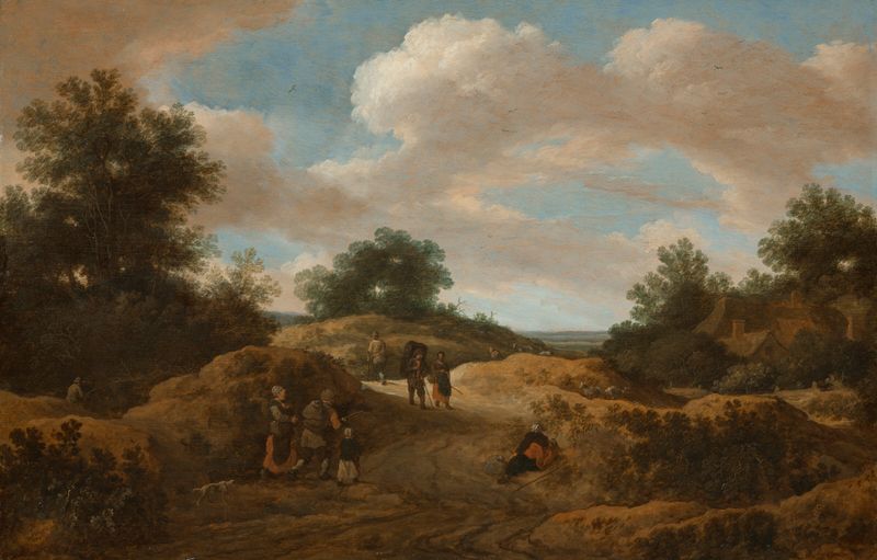 A dune landscape with figures on a track, oil painting by Pieter de Molijn