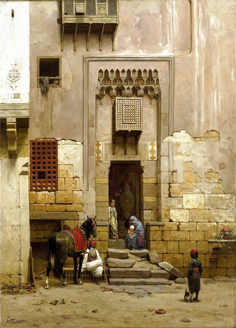 Cena interna de um pátio no Cairo por Willem de Famars Testas, pintura a óleo