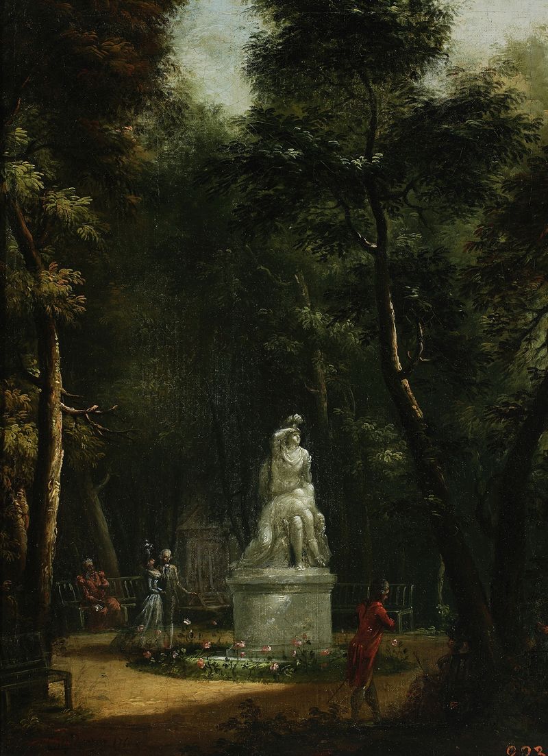 Pintura al óleo de Kazimierz Wojniakowski que muestra el Parque Łazienki y la estatua de Tancredo y Clorinda