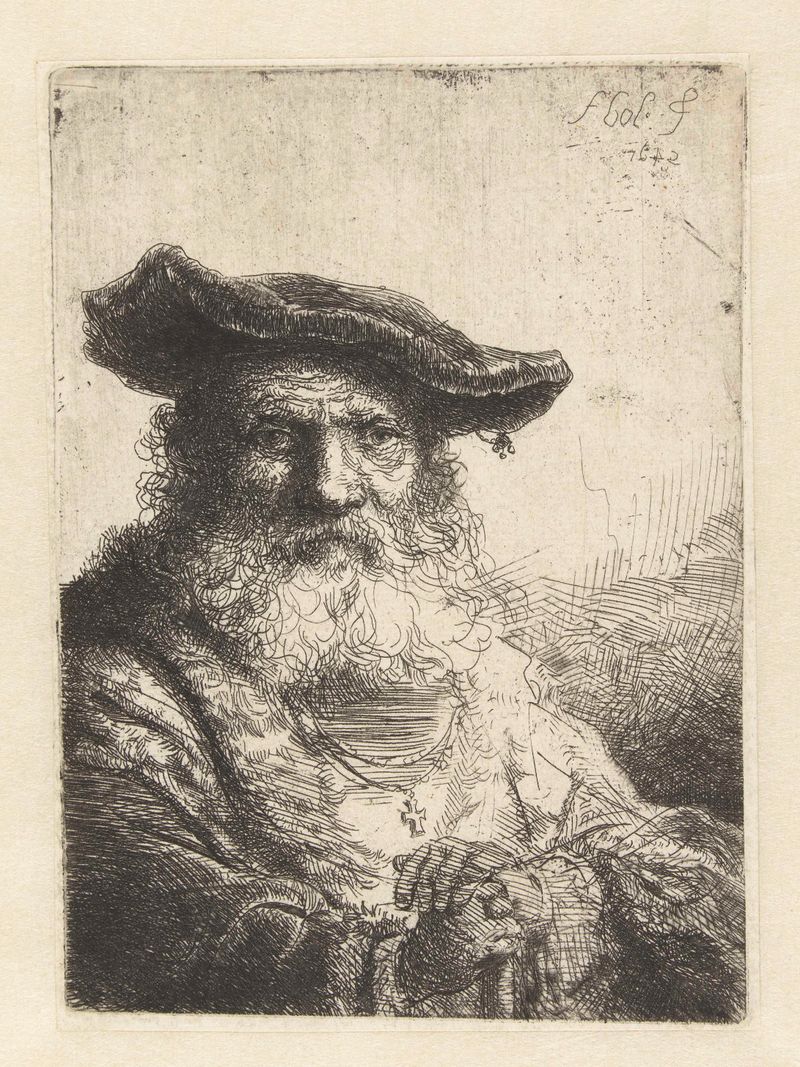 Retrato de um homem idoso com um beret, gravura de Ferdinand Bol