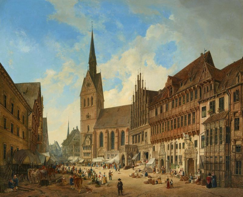 Blick durch die Köbelingerstraße auf die Marktkirche in Hannover by Domenico Quaglio the Younger, oil painting