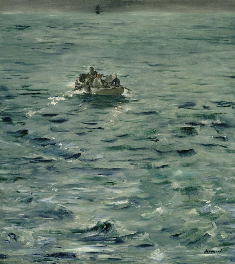 Rochefort’s Escape, óleo sobre lienzo de Édouard Manet, que representa a un fugitivo agarrando una barandilla.