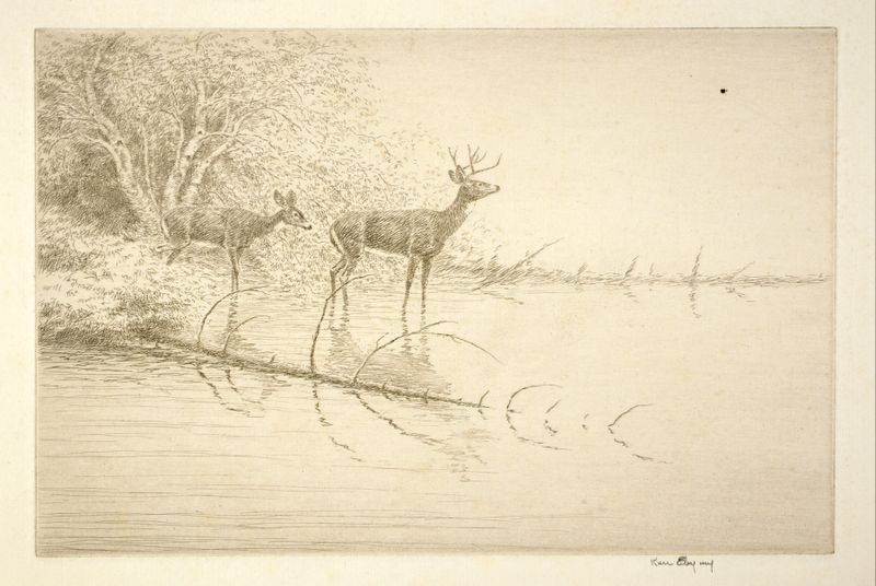 Obra de realismo de Kerr Eby retratando cervos na neblina da manhã, 1929